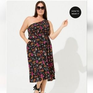 Torrid Midi Challis One-Shoulder Dress Leopard Leaves Size 00